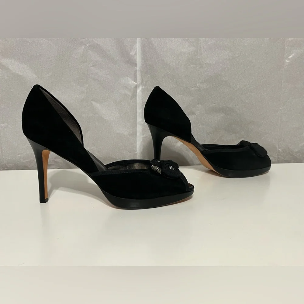 NEW Talbots black crushed velvet peep toe heels floral rhinestone holiday Sz 8.5